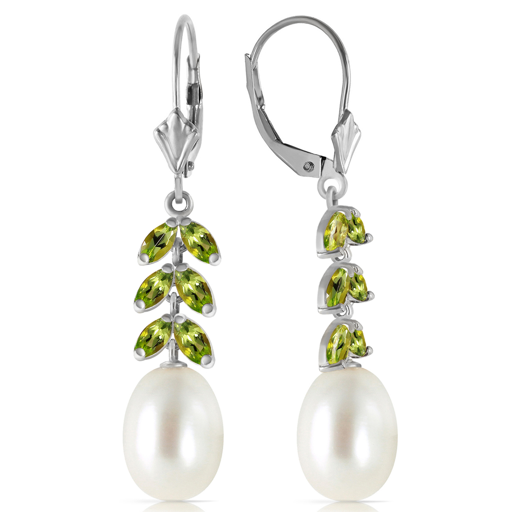 14K. GOLD LEVER BACK EARRING WITH PERIDOT & PEARLS (White Gold) - Picture 3 of 3
